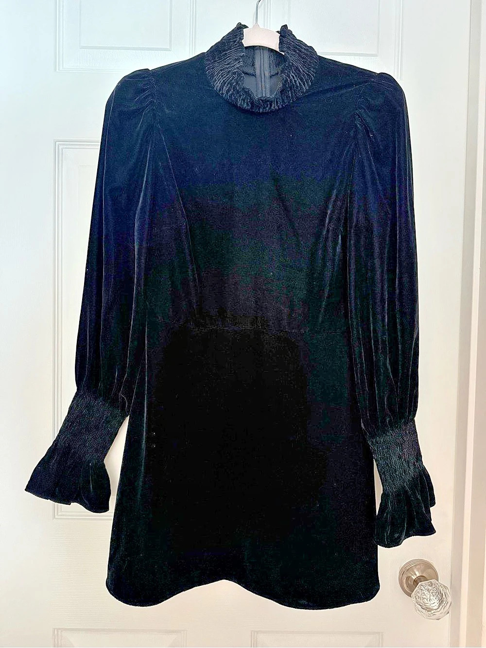 Zara Black Velvet High-Neck Smocked Cuff Dress Black Size XS NWT 🖤